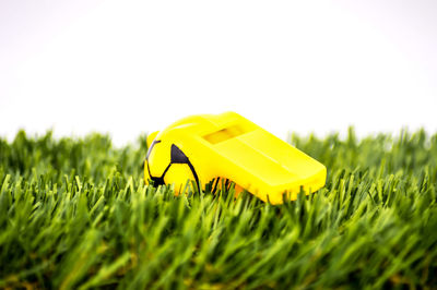 Close-up of yellow toy on field against sky