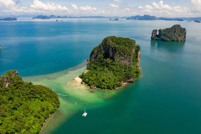 Landscape aerial view islands of the sea and boat tourists kra bi thailand
