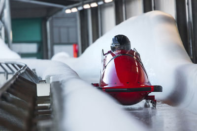 Close-up of small car on ice during winter