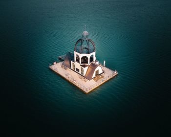 High angle view of ship sailing in sea