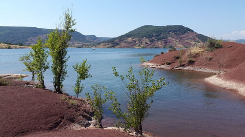 Scenic view of lake against clear sky