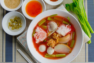 High angle view of soup in bowl on table