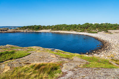 Scenic view of sea against clear blue sky