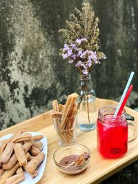 High angle view of ice cream in glass on table