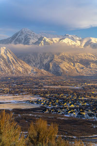 Aerial view of snowcapped mountains against sky