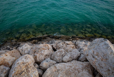 High angle view of rocks at sea shore