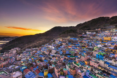 High angle view of townscape against sky during sunset