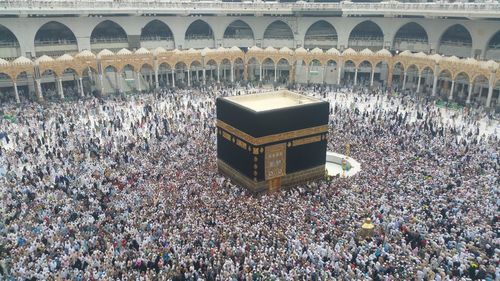 High angle view of people in front of building