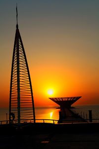Silhouette of bridge over sea during sunset