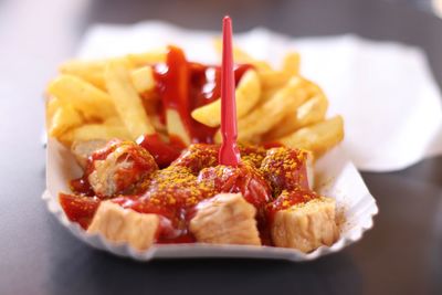 Close-up of food served on table