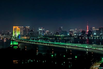 Illuminated bridge over river by buildings against sky at night