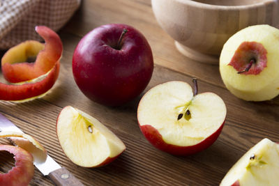 High angle view of apples on table