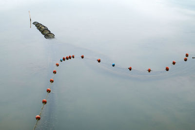 High angle view of balloons on lake against sky