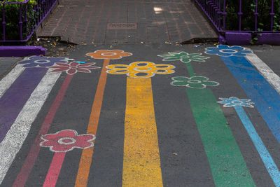 High angle view of text on street