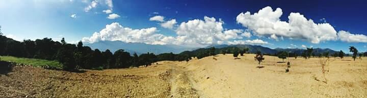 sky, landscape, tranquil scene, tranquility, blue, scenics, nature, beauty in nature, cloud, cloud - sky, tree, mountain, panoramic, non-urban scene, field, day, horizon over land, remote, idyllic, outdoors