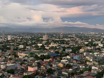 High angle view of buildings against sky in city