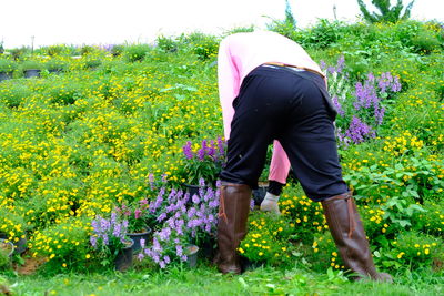 Rear view of man standing on field