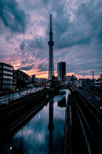 View of bridge and buildings against sky during sunset