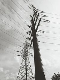 Low angle view of electricity pylon against sky