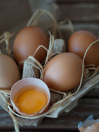 High angle view of eggs in basket on table