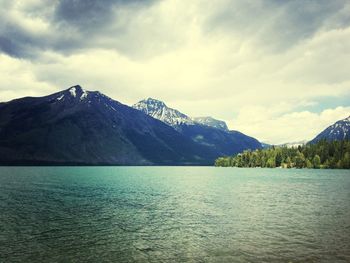Scenic view of lake against cloudy sky