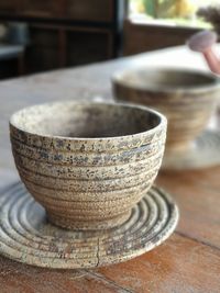 Close-up of hand in bowl on table