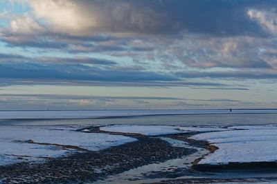 Scenic view of beach against sky during sunset