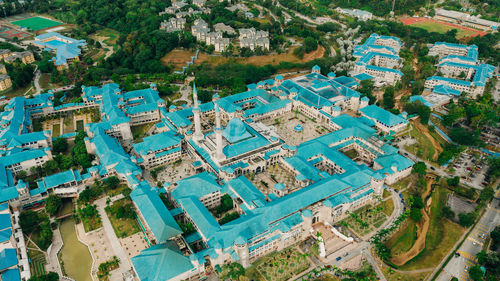 High angle view of swimming pool in city