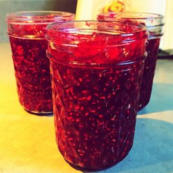 Close-up of drink in glass jar on table