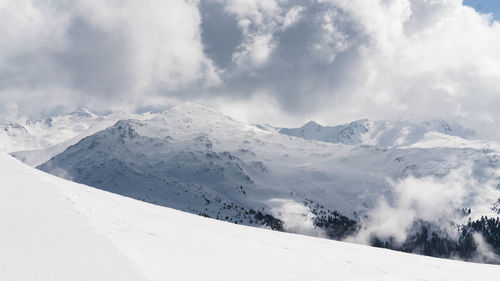 Scenic view of snowcapped mountains against sky