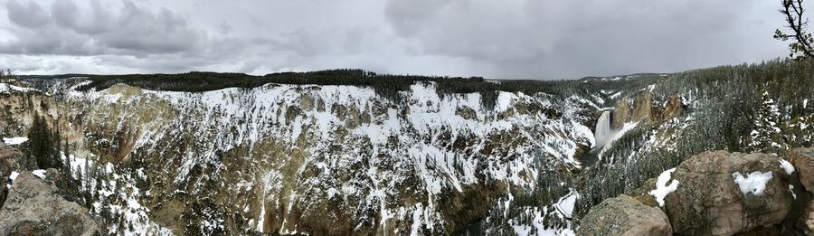Panoramic view of waterfall against sky during winter