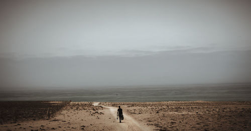 Rear view of man walking on landscape by seascape against sky
