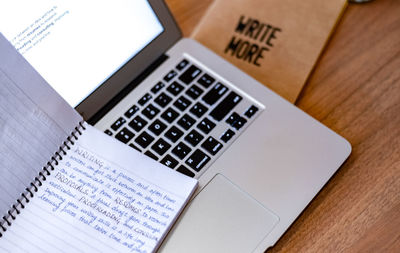 High angle view of laptop on table