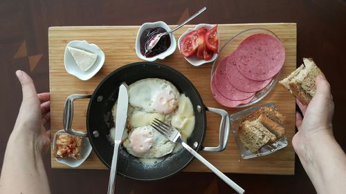 High angle view of breakfast on table