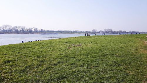 Scenic view of river amidst field against sky