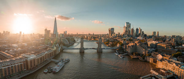 Aerial view of the london tower bridge at sunset.