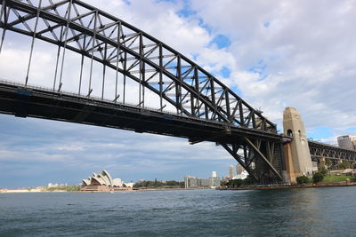 View of bridge over river against cloudy sky