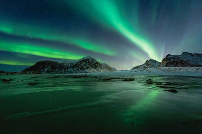 Scenic view of snowcapped mountains against sky at night