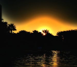 Silhouette trees by sea against sky during sunset
