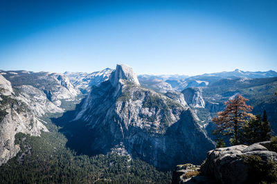 Scenic view of mountains against clear blue sky