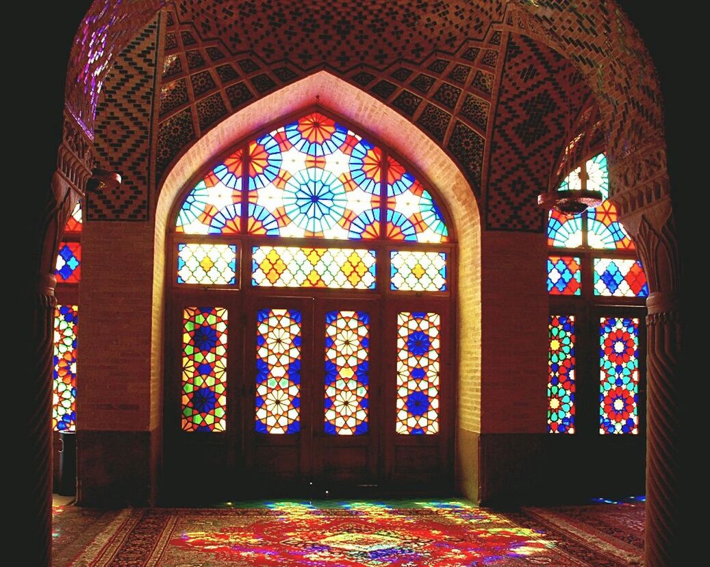 stained glass, indoors, religion, multi colored, spirituality, no people, place of worship, architecture, arch, day