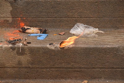 High angle view of fire on water