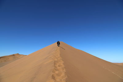 Rear view of people walking at desert