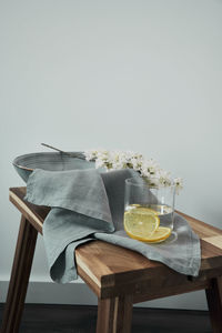 View of bananas on table against wall