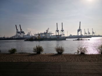 Cranes at harbor against sky