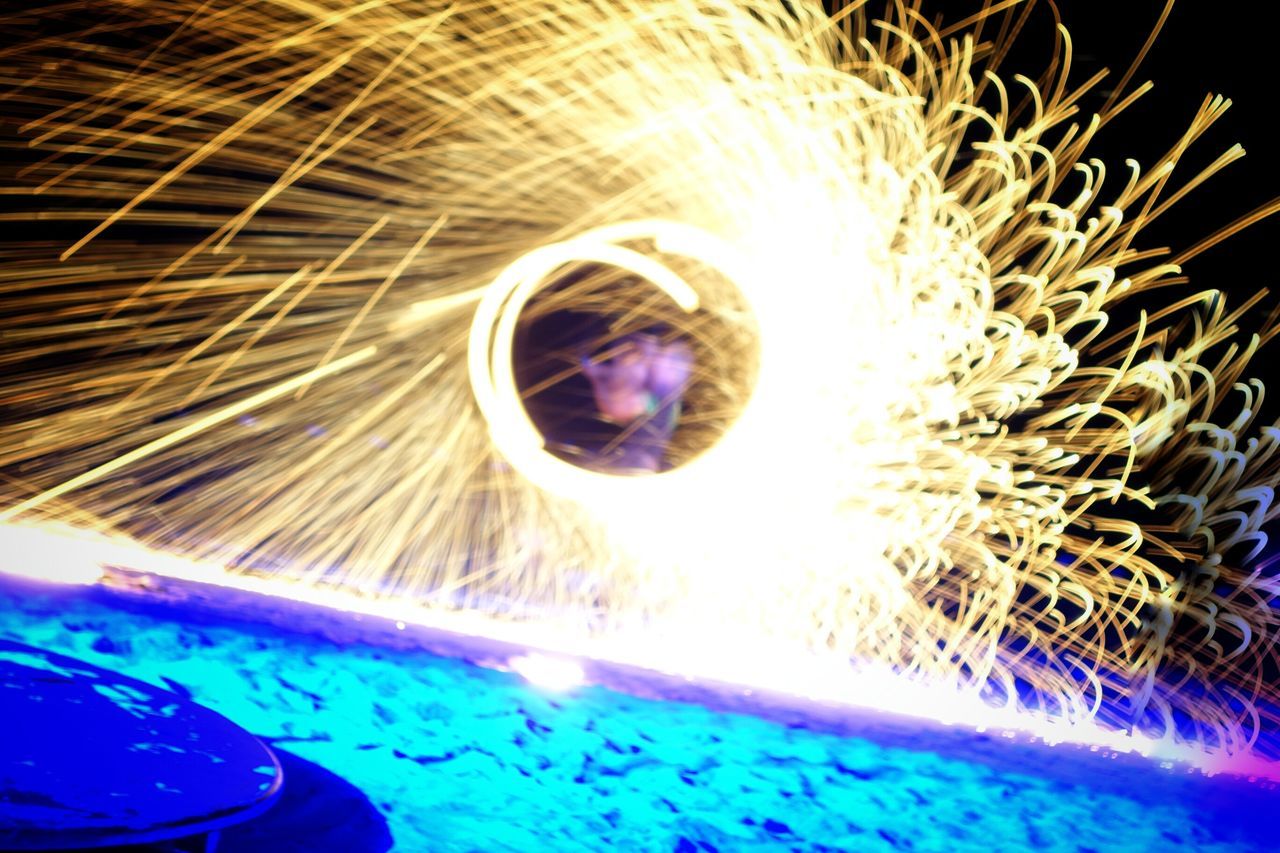 long exposure, motion, sparks, glowing, blurred motion, night, illuminated, close-up, spinning, fire - natural phenomenon, light painting, firework - man made object, circle, firework display, celebration, one person, burning, arts culture and entertainment, wire wool, light trail