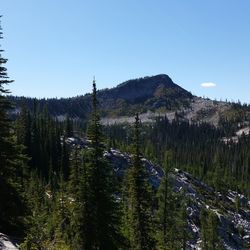 Scenic view of mountains against clear blue sky