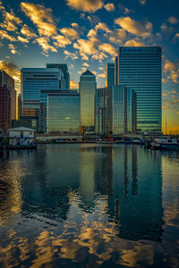 Modern buildings by river against sky during sunset in city