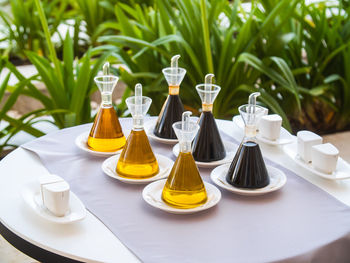 Close-up of chess pieces on table