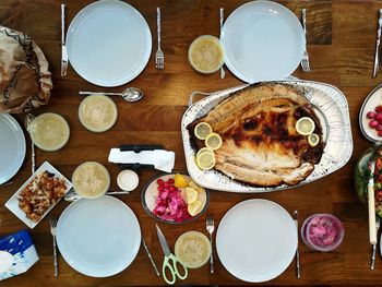 High angle view of breakfast served on table